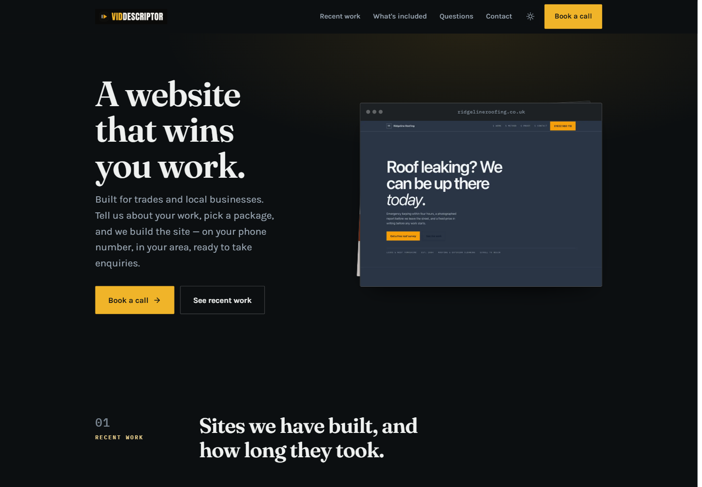 Customer-facing Website Studio page showing recent work and service categories