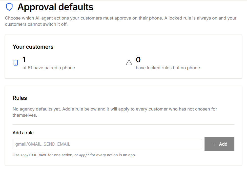 Approval defaults, showing how many customers have paired a phone and the Add a rule box