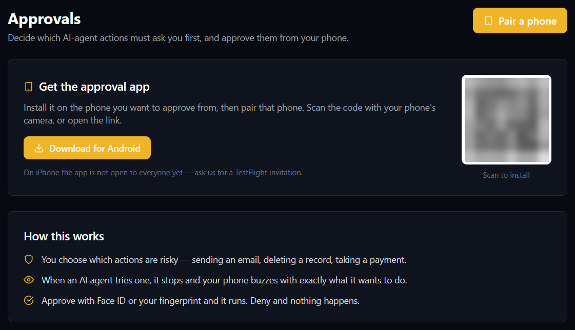 The Approvals page, with the Get the approval app panel, the Download for Android button, a blurred QR code, and the How this works steps