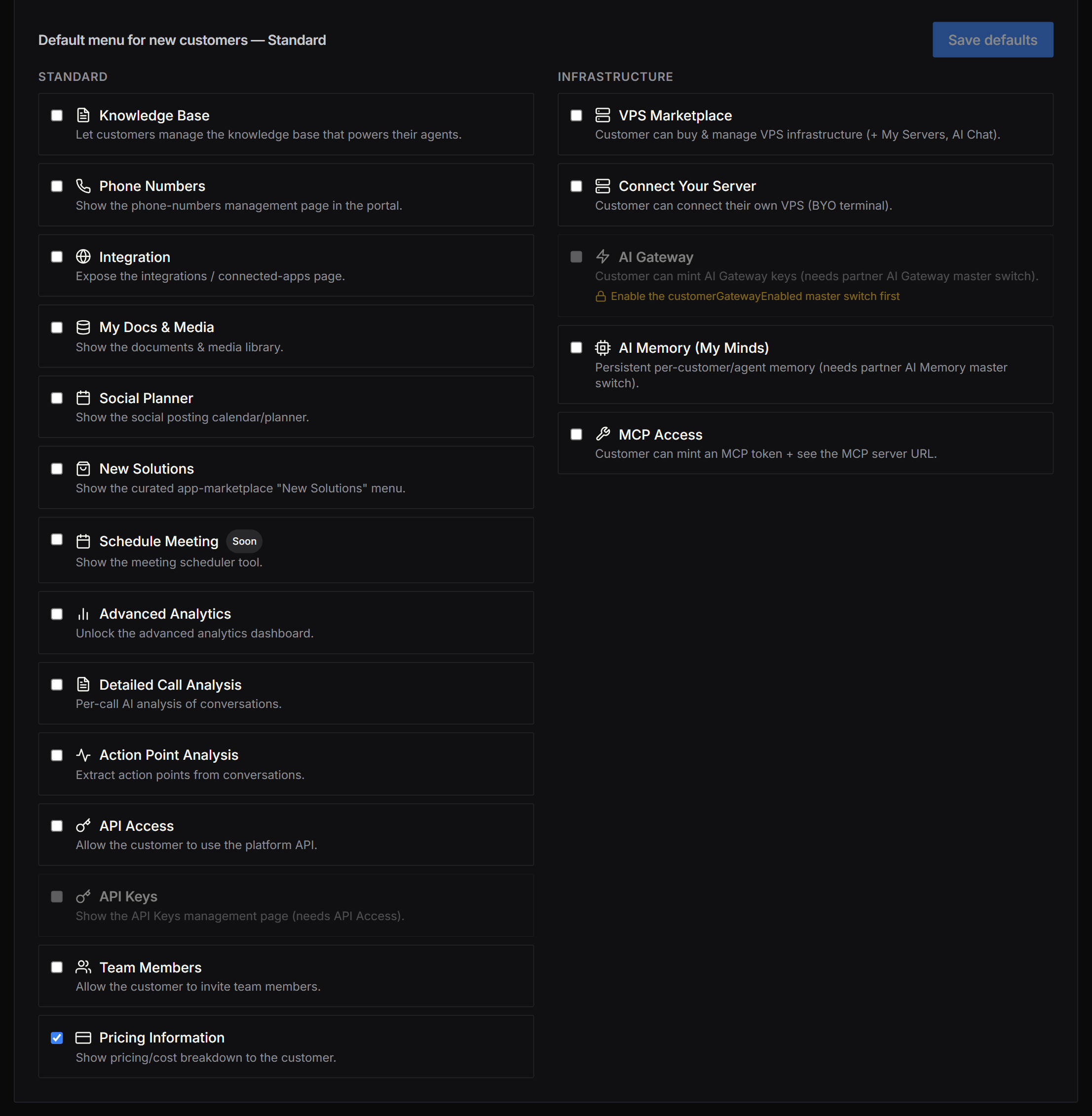 Default menu customizer for the Standard mode — Standard column (Knowledge Base, Phone Numbers, Integration, My Docs & Media, and more) and Infrastructure column (VPS Marketplace, Connect Your Server, AI Gateway, AI Memory, MCP Access), with the Save defaults button top-right