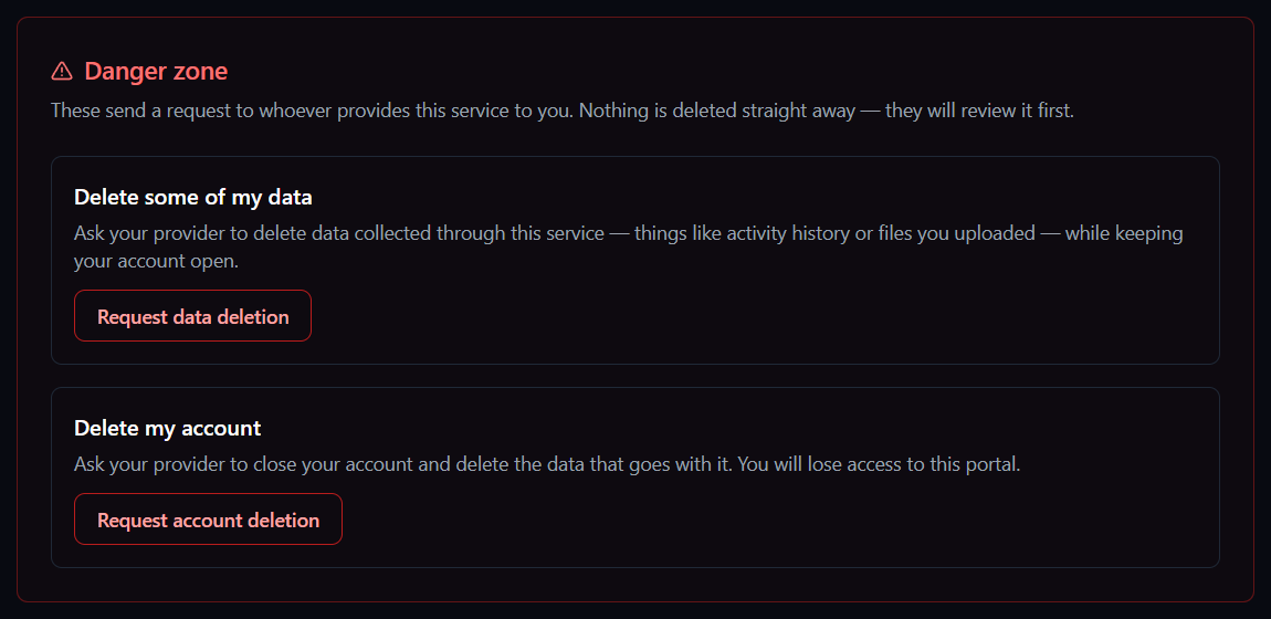 The Danger zone at the bottom of the customer portal's Account Settings page