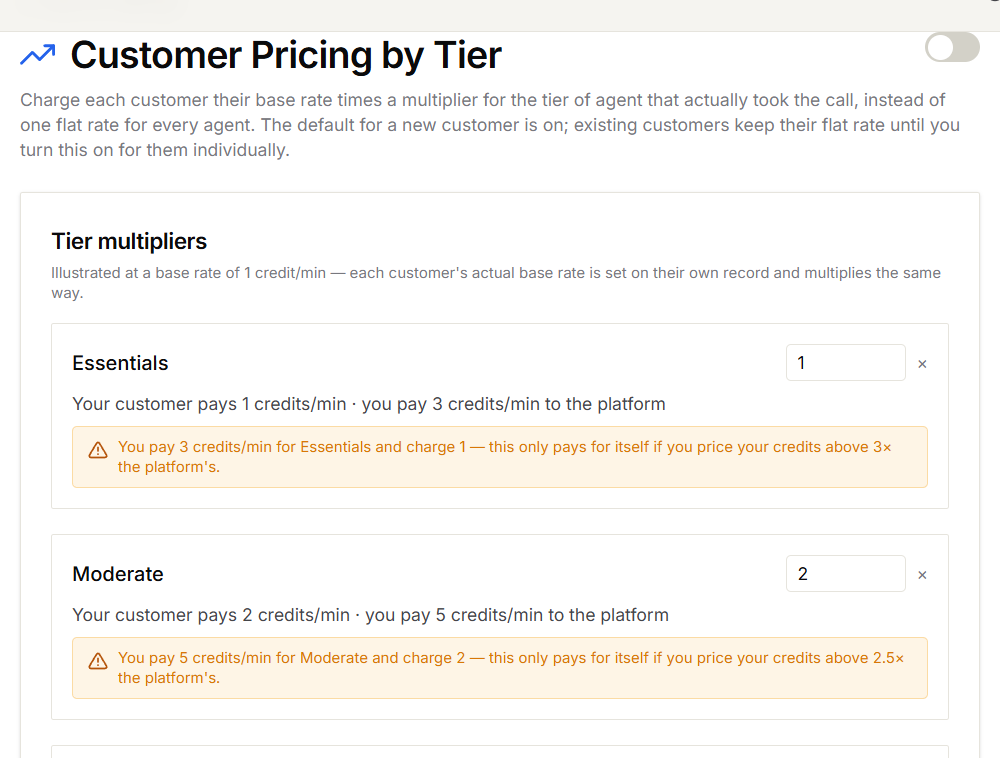 Customer Pricing by Tier, showing the on/off switch and the multipliers for Essentials and Moderate