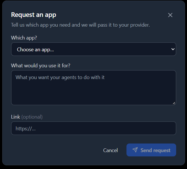 The Request an app form with Which app, What would you use it for, and an optional Link