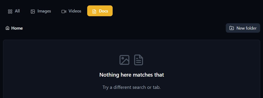 The Docs filter selected in My Docs & Media, with the Home folder link and New folder button
