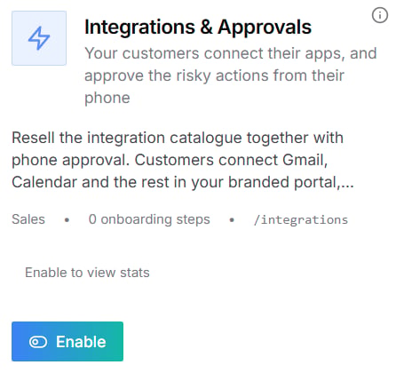 The Integrations & Approvals card in One-Click Experiences
