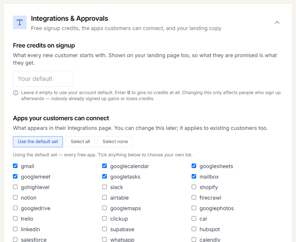 Integrations & Approvals settings, showing free credits on signup and the apps customers can connect