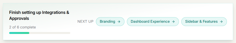 The setup checklist at the top of Integrations & Approvals settings