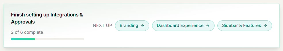 The setup checklist at the top of Integrations & Approvals settings