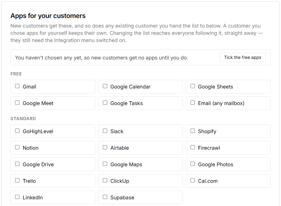 Apps for your customers, with the Tick the free apps button and the Free and Standard app groups