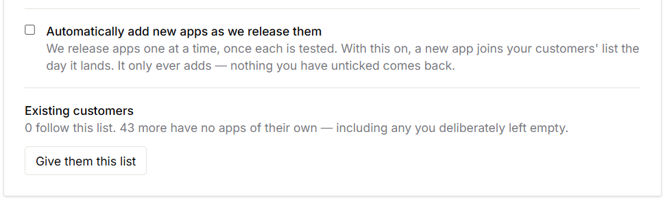 The auto-add option and the Existing customers section with the Give them this list button