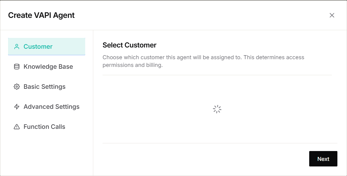 Create VAPI Agent window showing Customer, Knowledge Base, Basic Settings, Advanced Settings, and Function Calls