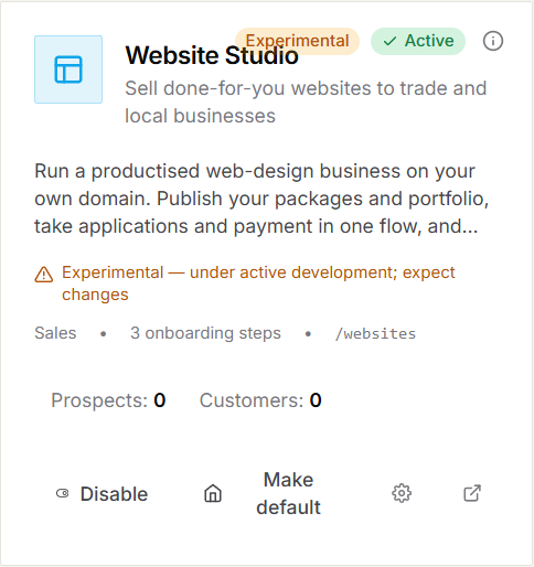Website Studio card with Experimental and Active labels