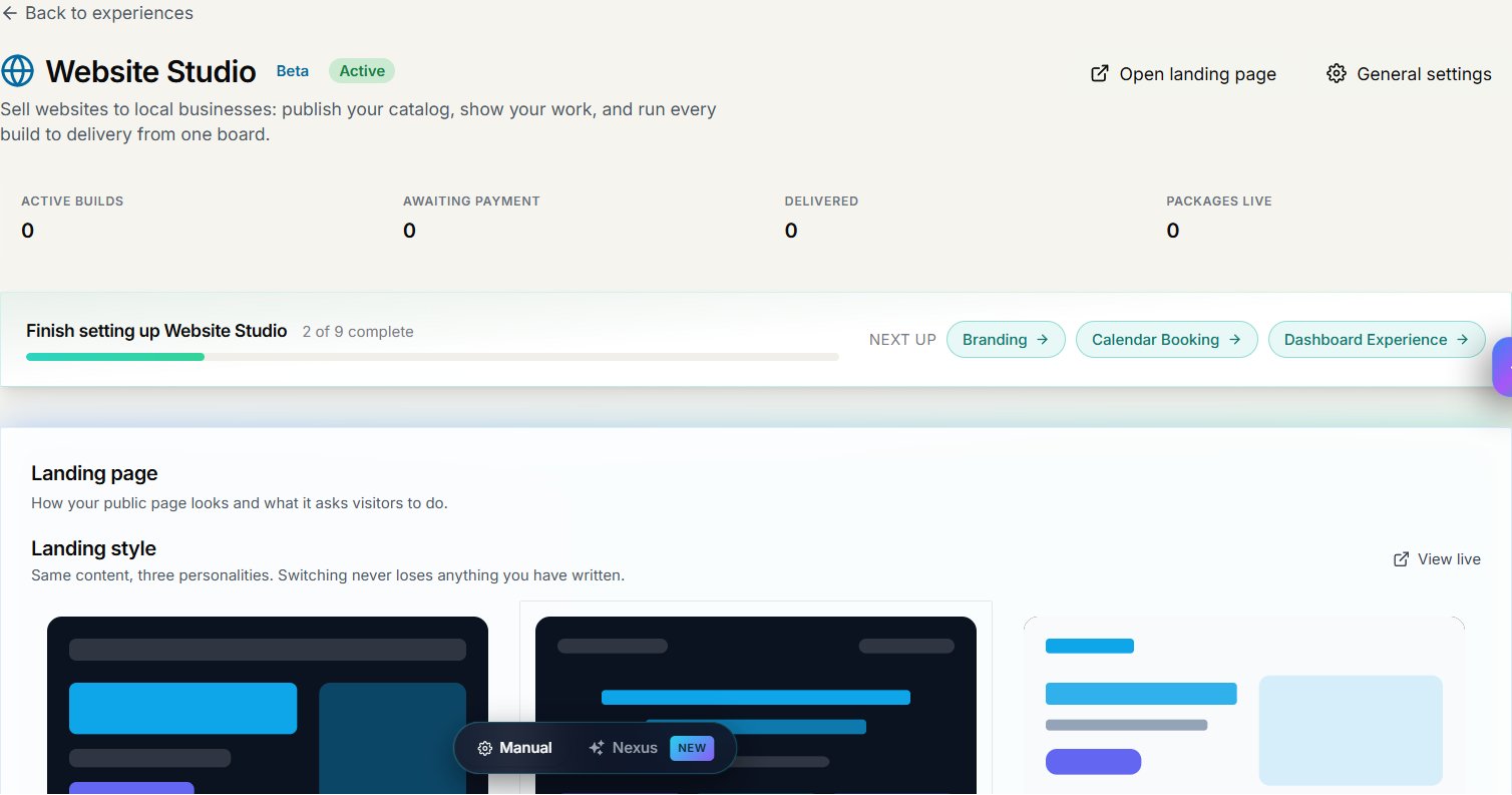 Website Studio settings with build totals, setup checklist, and landing styles