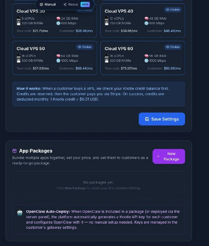 New Package sidebar — name, apps, price, plan, visibility, and Save button