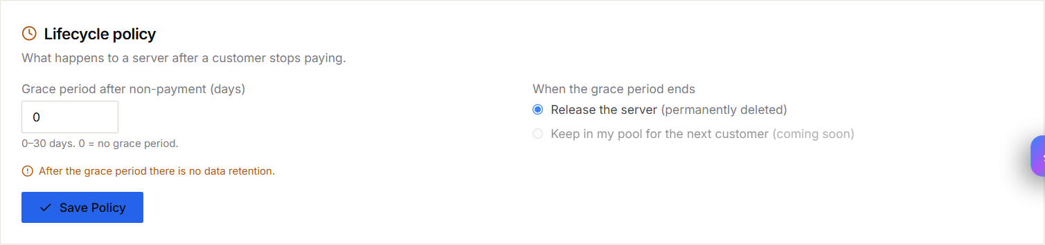 VPS lifecycle policy with the grace period and end-of-period action
