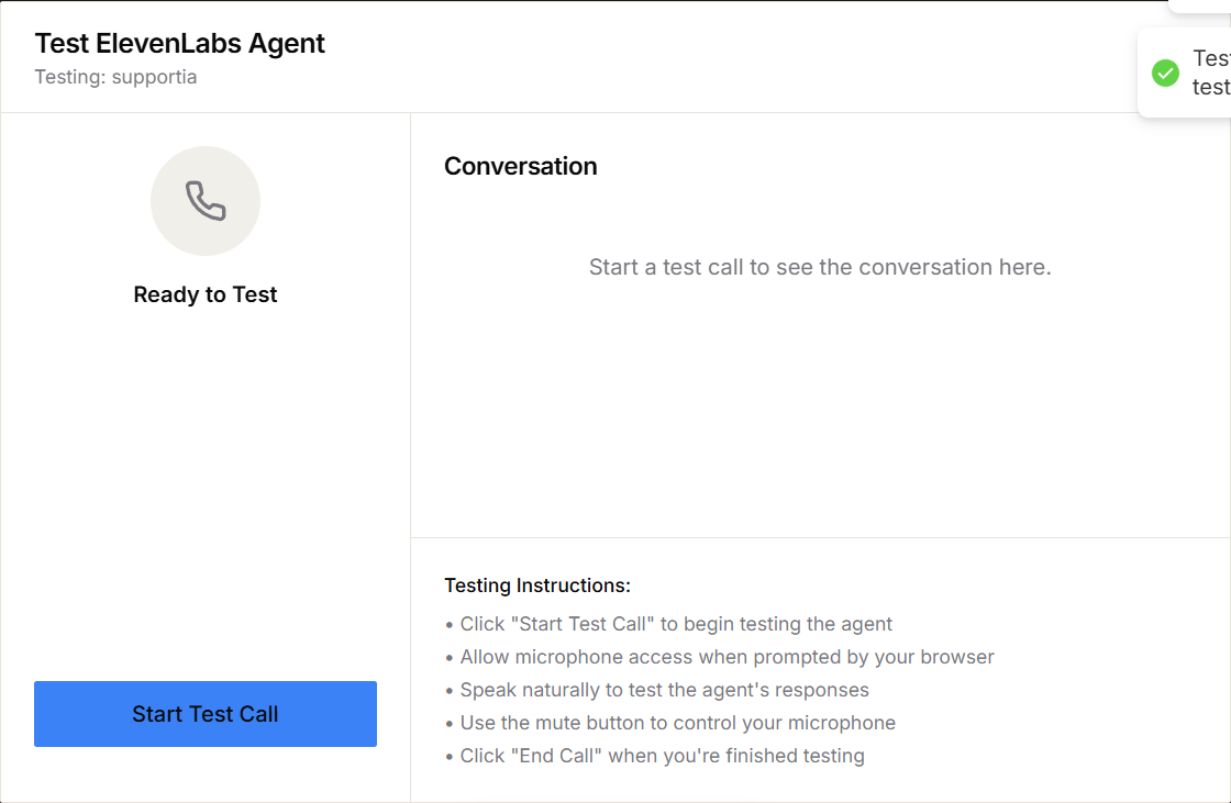 ElevenLabs agent test dialog before starting a call