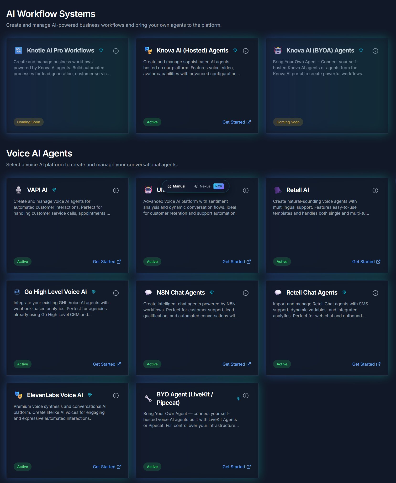 Partner Portal — AI Agents page showing the Knotie AI Pro Workflows / Knova AI (Hosted) Agents / Knova AI (BYOA) Agents cards under AI Workflow Systems, plus VAPI, Ultravox, Retell and other providers under Voice AI Agents.