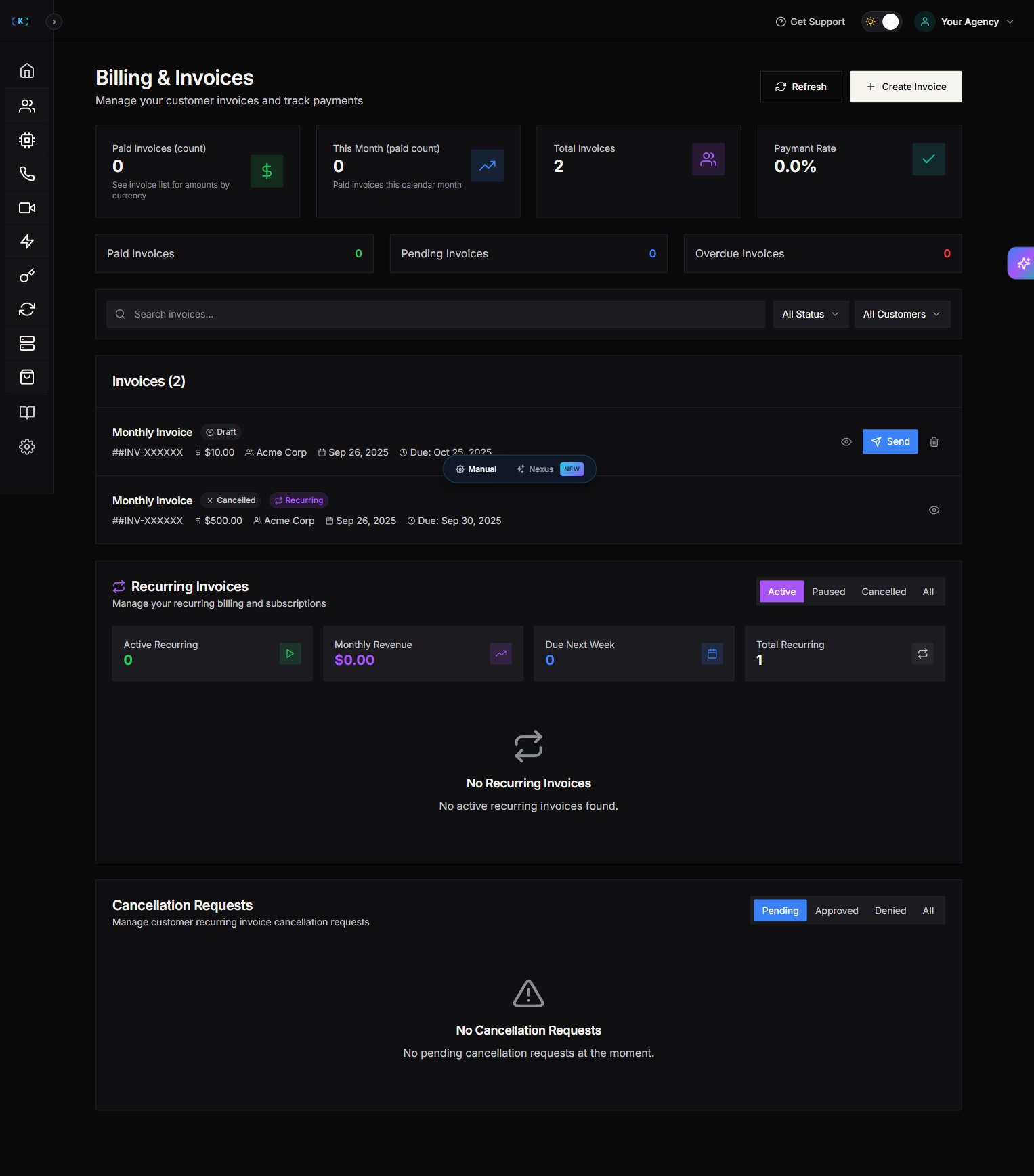 Billing and Invoices overview with Paid Invoices, This Month, Total Invoices, and Payment Rate metric cards, plus the invoices list and Recurring Invoices and Cancellation Requests sections