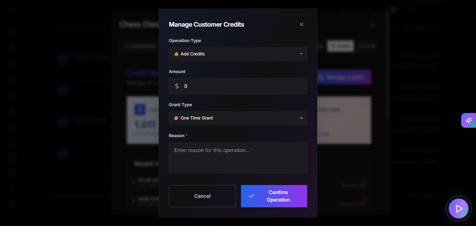 Manage Credits modal showing Add/Deduct/Allocate options