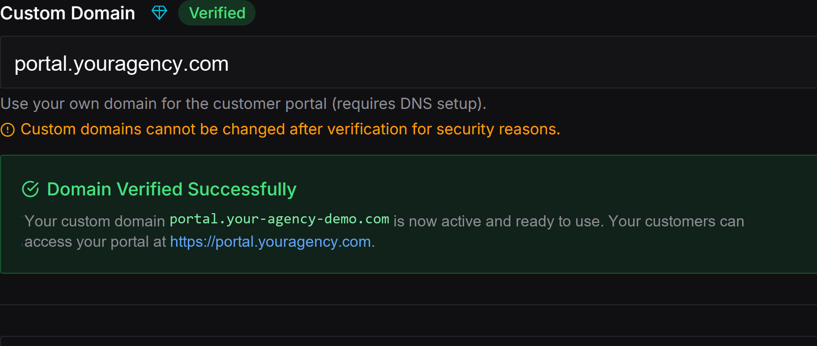 Custom Domain section in White-Label Portal settings — the domain field with a Verified badge and a "Domain Verified Successfully" confirmation showing the customer portal is now live on the custom domain