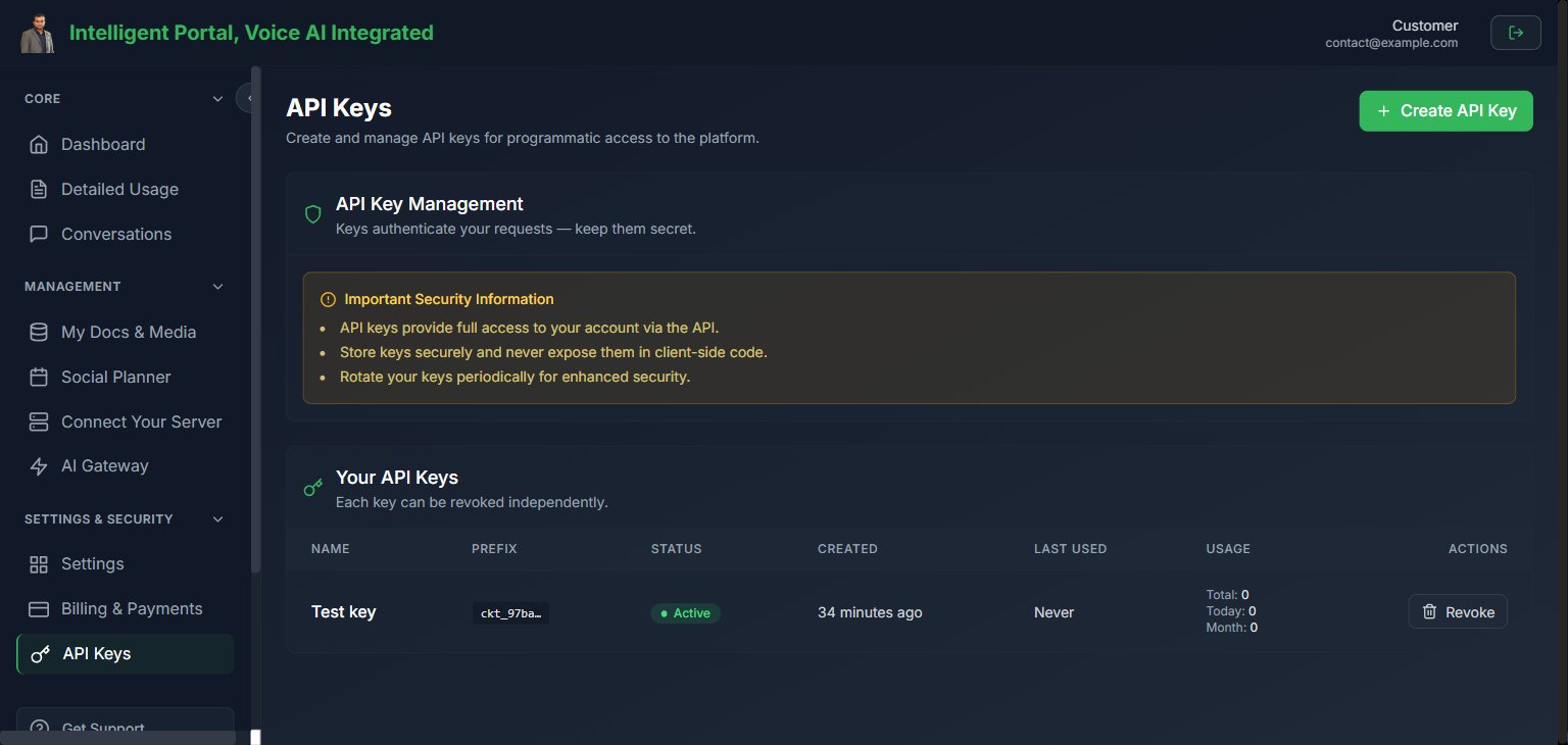 Customer portal API Keys page showing partner-branded buttons and the dark-themed layout