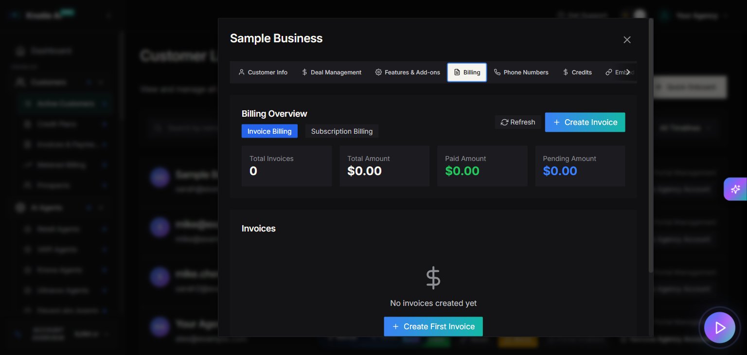 Customer Billing tab with Billing Overview showing Invoice Billing / Subscription Billing toggle, Total Invoices, Total Amount, Paid Amount, and Pending Amount counters