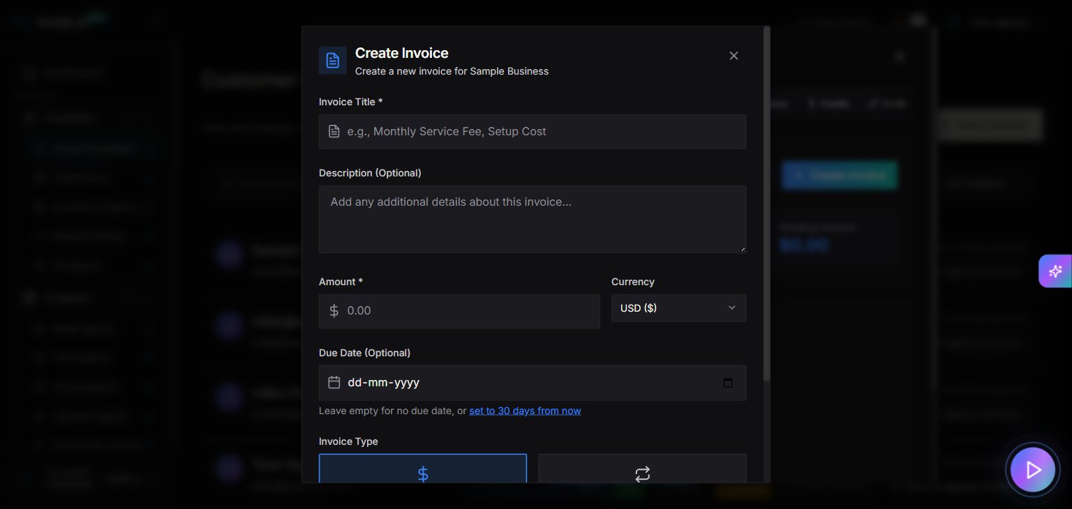 Create Invoice form with Invoice Title, Description, Amount, Currency, Due Date, and Invoice Type (One-time or Recurring) fields