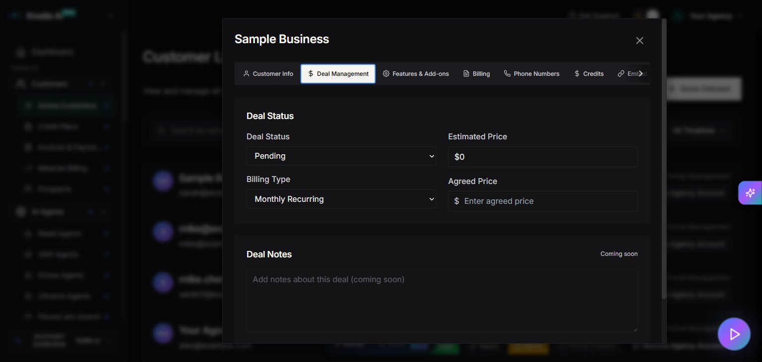 Deal Management tab with Deal Status panel (Pending, $0 estimated price, Monthly Recurring billing type, agreed price field) and Deal Notes placeholder