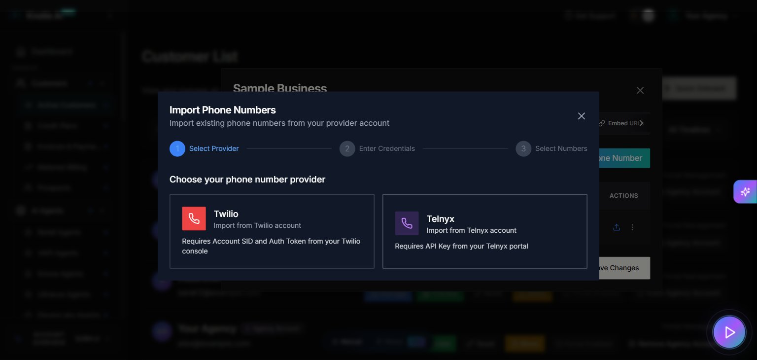 Import Phone Numbers modal with provider selector (Twilio or Telnyx) and Next button on step 1 of 4