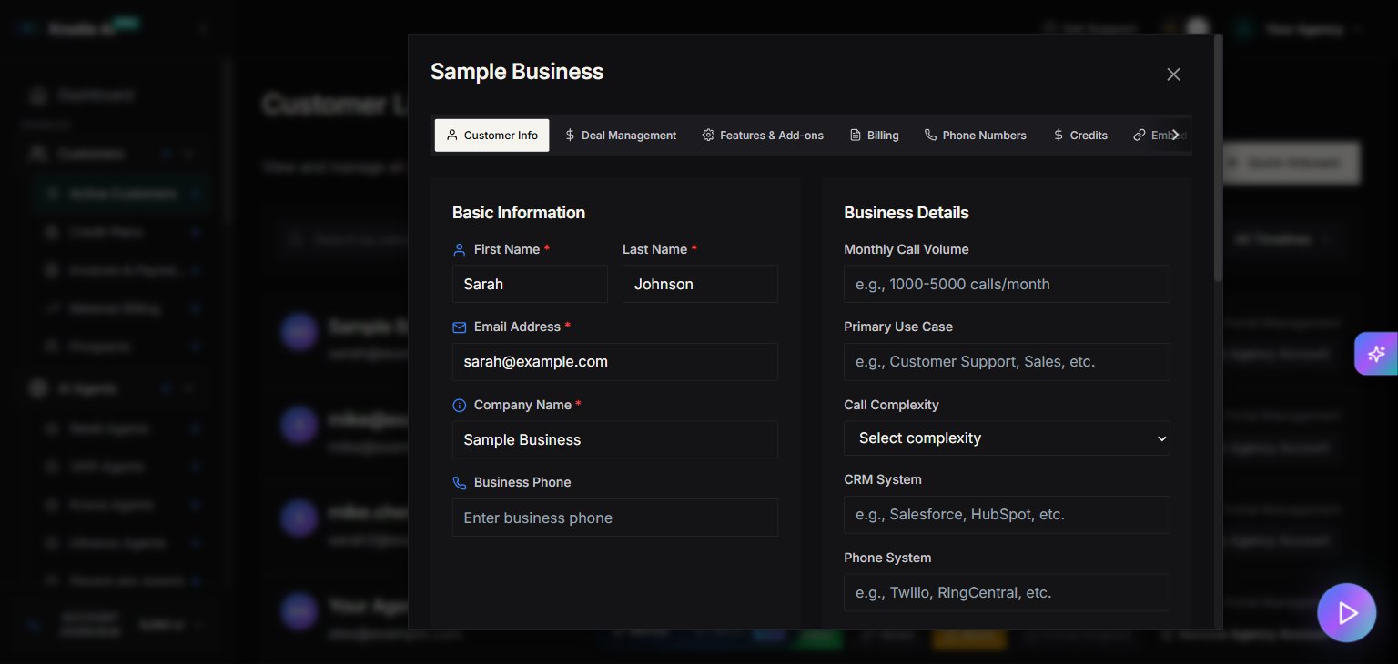 Partner Portal — a customer quick-view panel opened by clicking a customer name on the Customers page. Shows tabbed view (Customer Info, Deal Management, Phone Numbers, etc.) of plan, portal status, and recent activity.