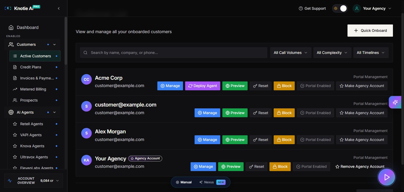 Customer portal management - customer list showing customer rows with Manage, Preview, Reset, and Block actions