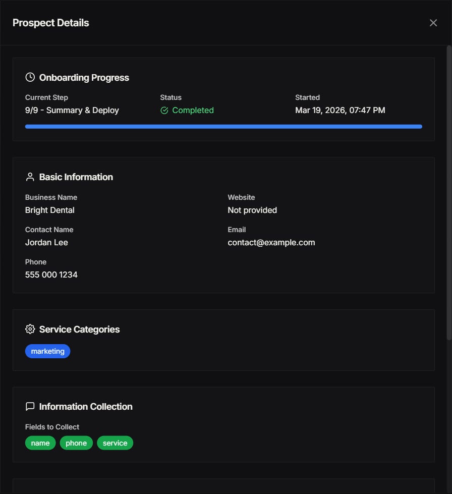 Prospect Details panel showing Onboarding Progress, Basic Information, Service Categories, and Information Collection
