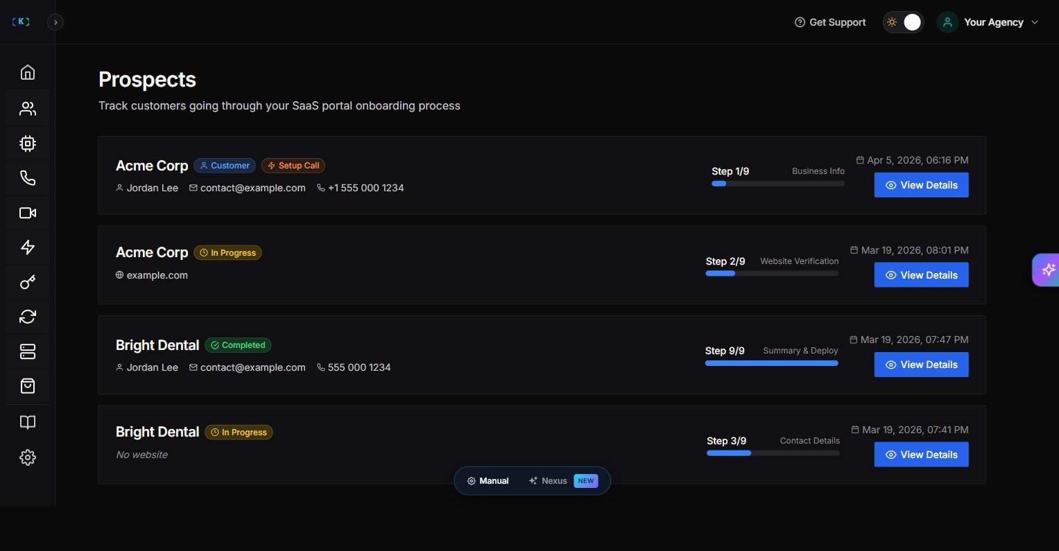 Prospects page listing prospects with their onboarding step, status, contact details, and a View Details button
