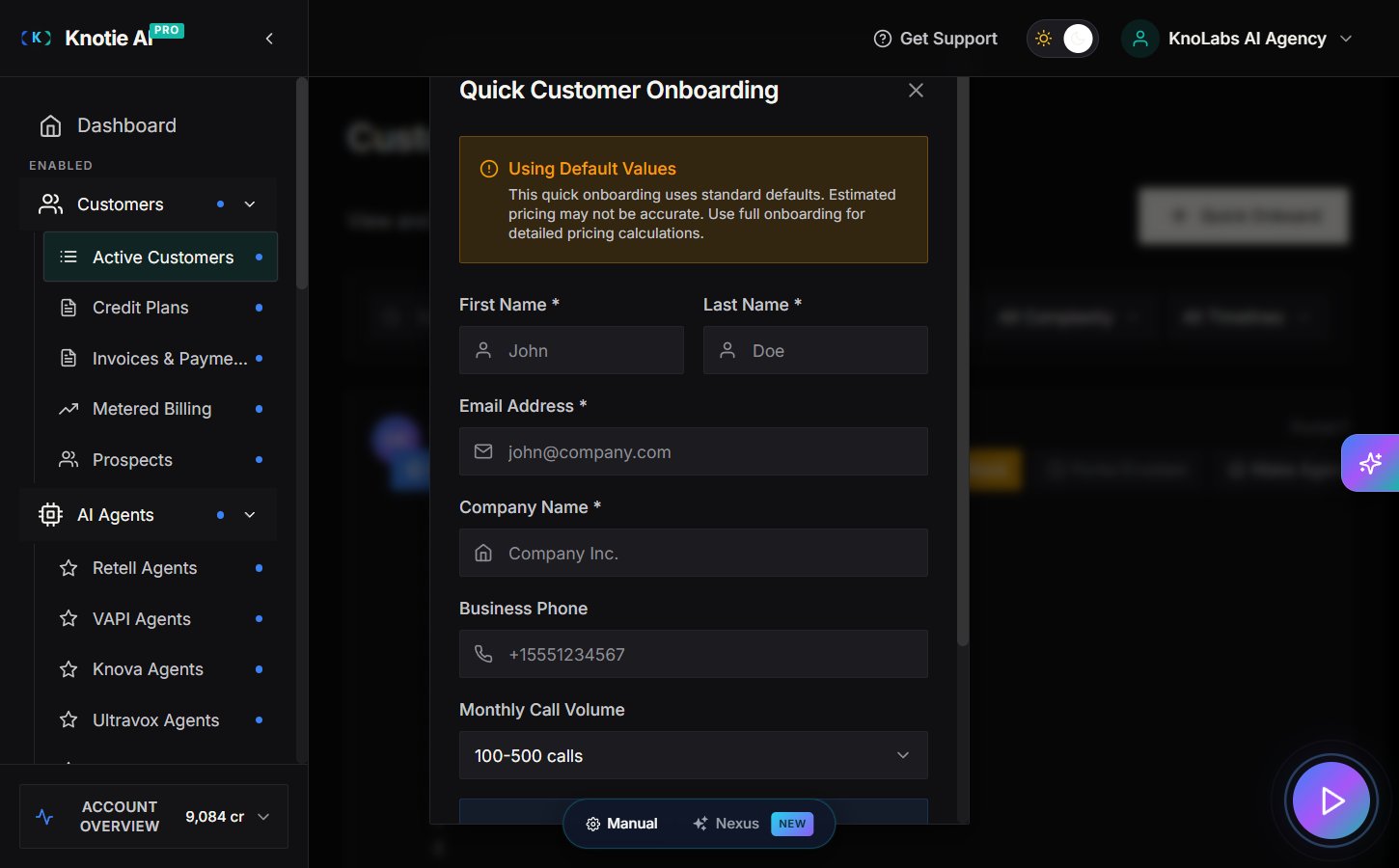 Quick Customer Onboarding modal — First/Last Name, Email, Company, Business Phone, Monthly Call Volume, and an Allow Portal Access toggle