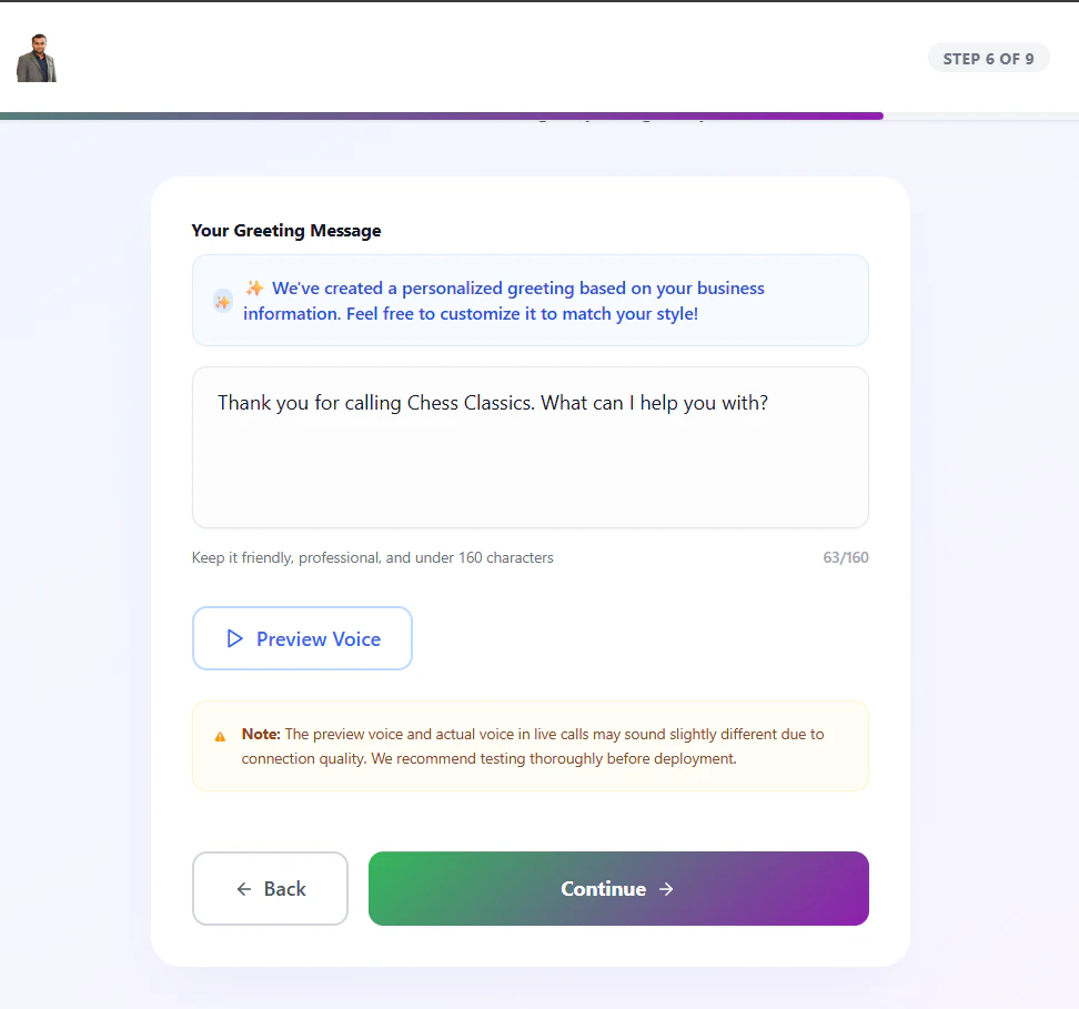 Step 6: Greeting Setup