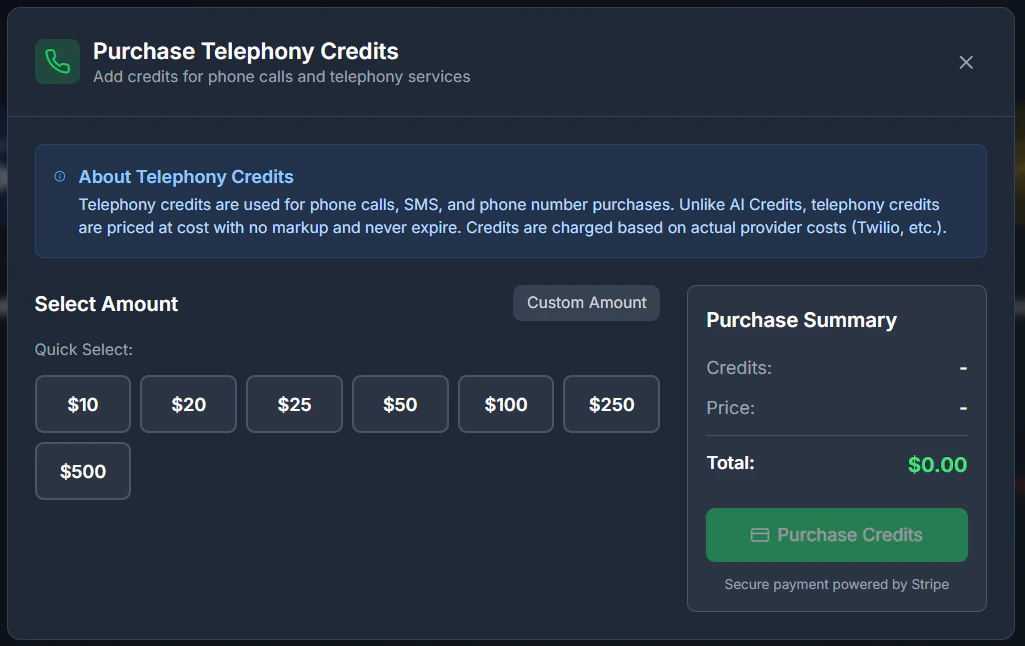 Telephony Credit Purchase Modal