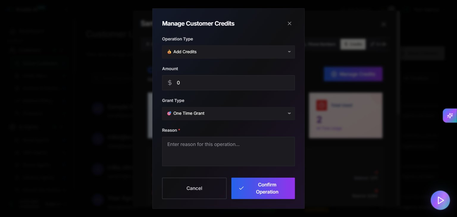 Manage Customer Credits modal with Operation Type, Amount, Grant Type, and Reason fields
