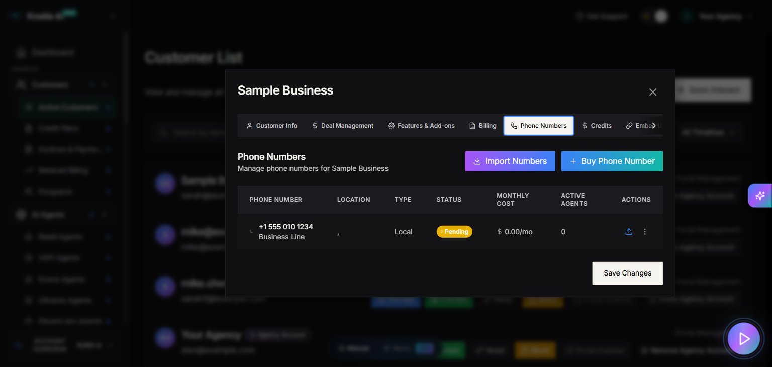 Phone Numbers page with No Phone Numbers Found empty state for a customer without any numbers yet