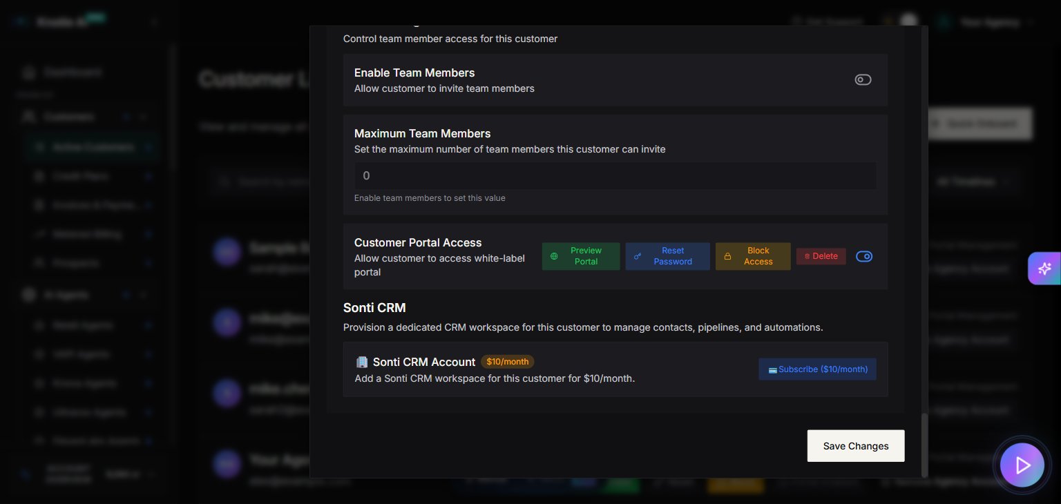 Features and Add-ons tab scrolled to Team Management, Maximum Team Members, and Customer Portal Access controls with Preview Portal, Reset Password, Block Access, and Delete buttons