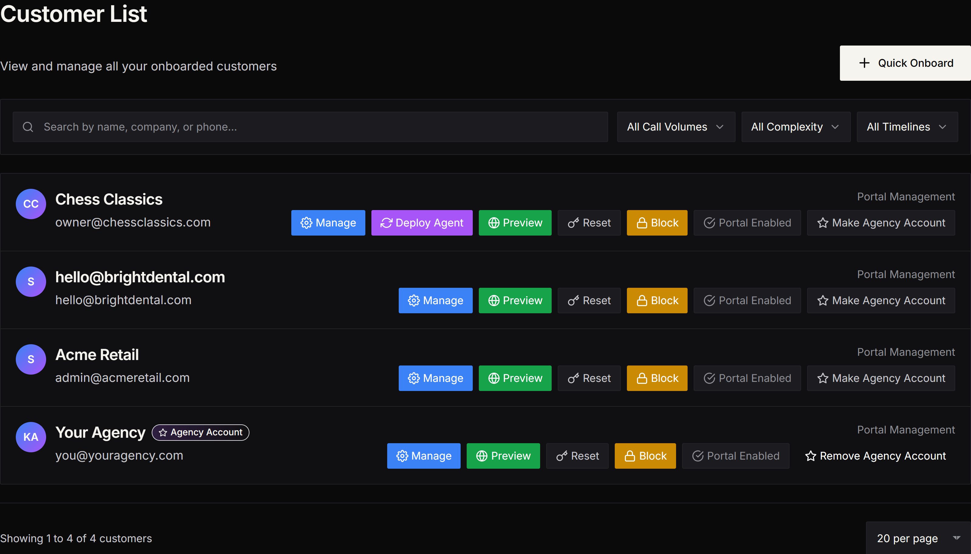 Knotie AI Pro Customer List — onboarded customers with Manage, Deploy Agent, Preview, Reset, and Block actions, plus the Quick Onboard button