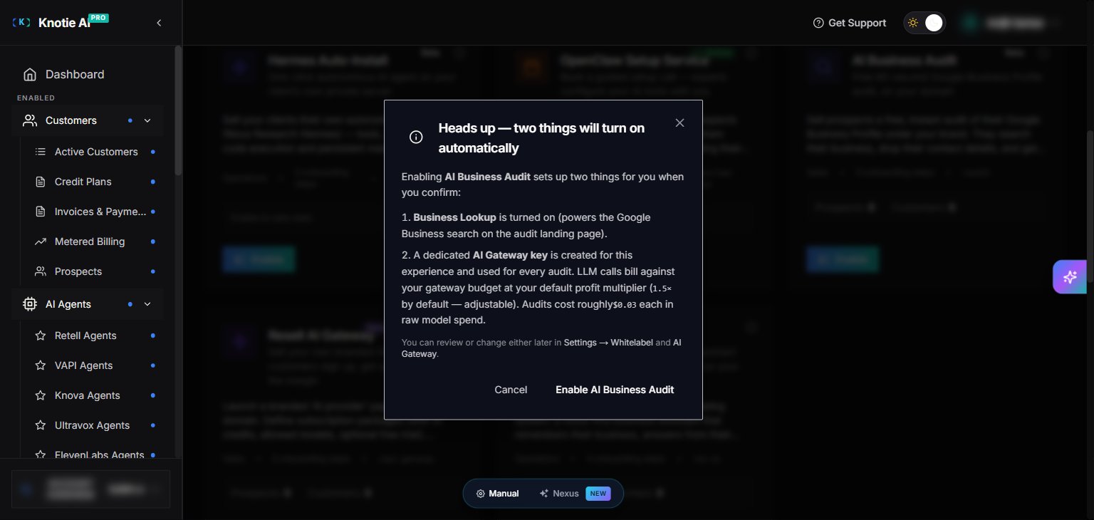 Heads up confirmation modal that appears when enabling AI Business Audit, explaining the auto-enabled Business Lookup and AI Gateway key