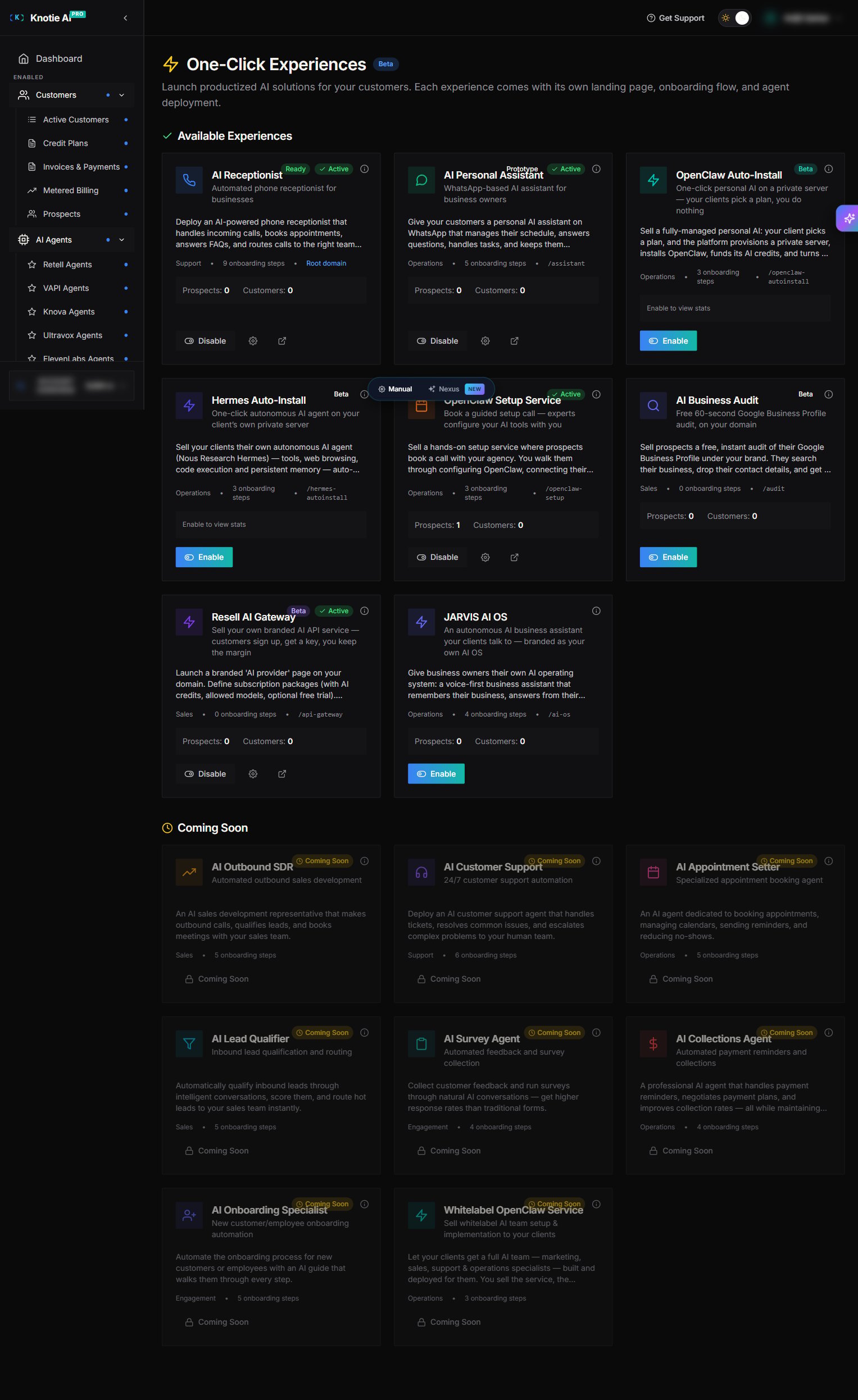 One-Click Experiences page — cards for AI Receptionist, AI Personal Assistant, OpenClaw Setup Service, AI Business Audit, and Resell AI Gateway with Enable / Disable toggles and per-experience stats