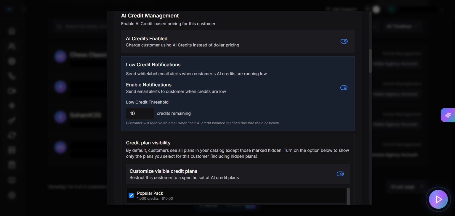 Features & Add-ons tab showing AI Credit Management toggle and related settings