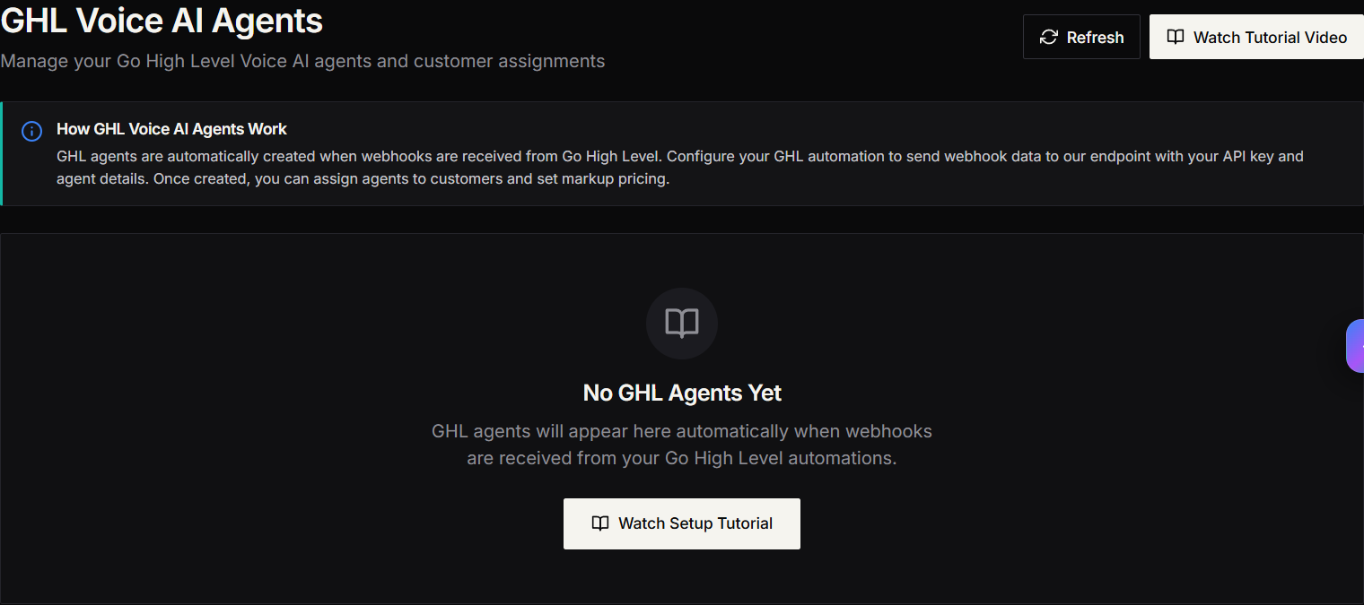 GHL Voice AI Agents page — "How GHL Voice AI Agents Work" info card and the "No GHL Agents Yet" empty state with a Watch Setup Tutorial button