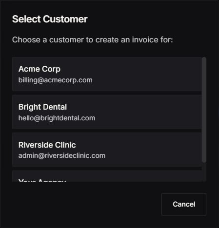 Select Customer modal for creating an invoice, listing customers to choose from with a Cancel button
