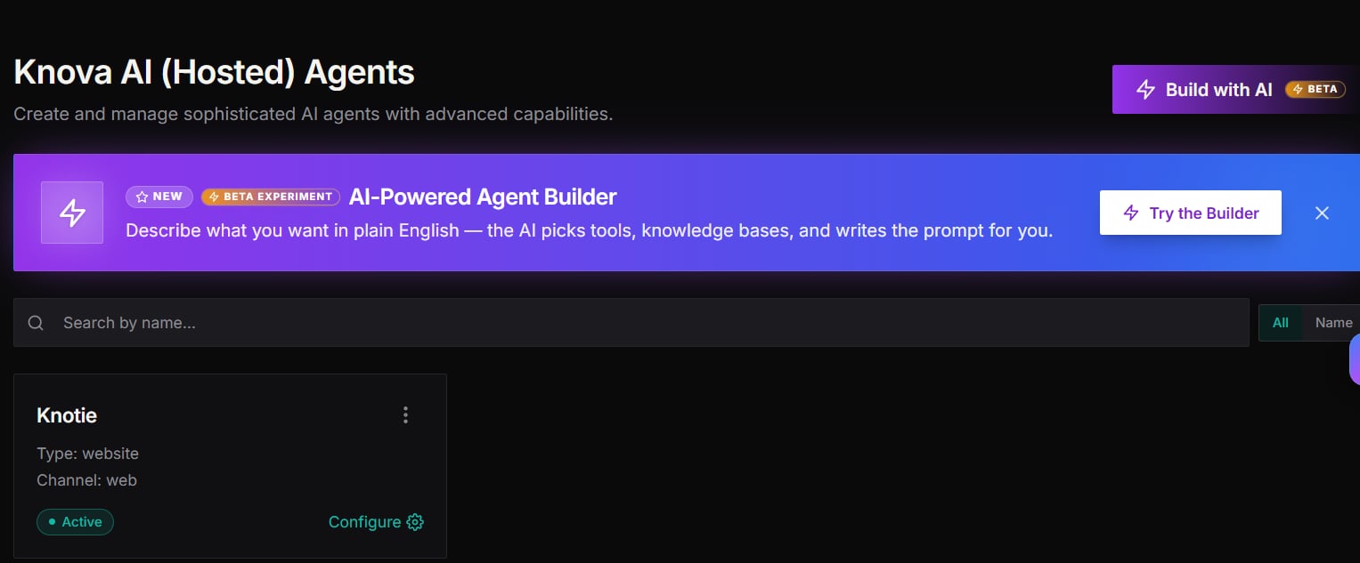 Partner Portal — Knova AI (Hosted) Agents page with the Build with AI button, the AI-Powered Agent Builder banner (Try the Builder), a search box, and an agent card (Knotie — type website, channel web, Active) with a Configure action.