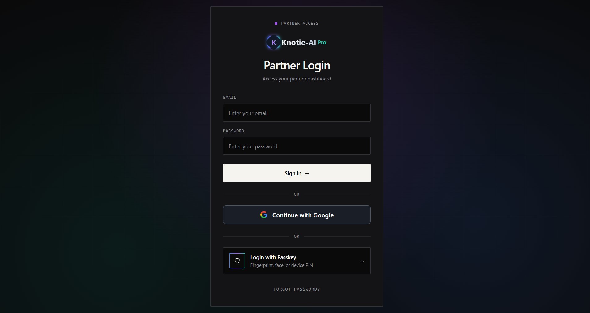 Partner Login page — "Login with Passkey" option visible at the bottom of the form