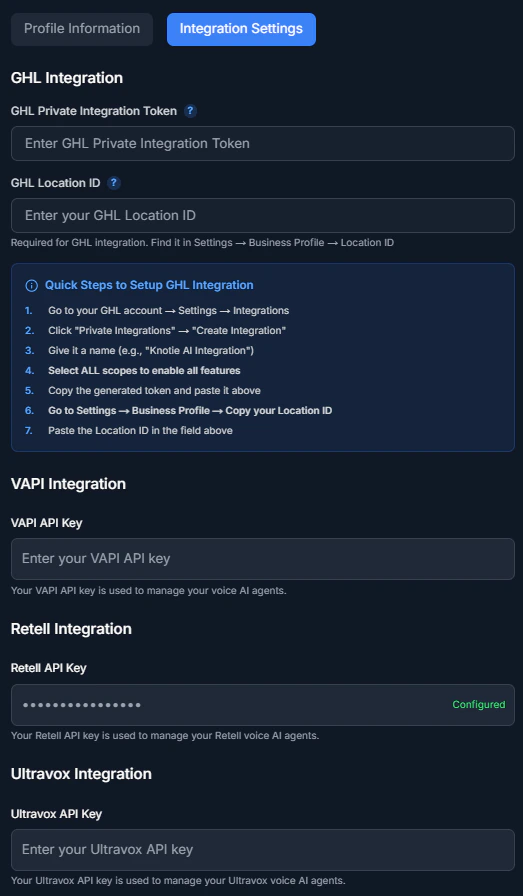 Integration Settings - Provider Keys