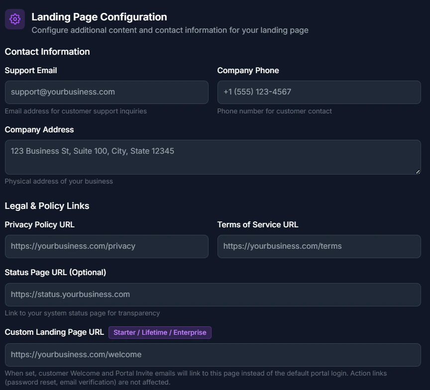 Landing Page Contact and Policy Settings