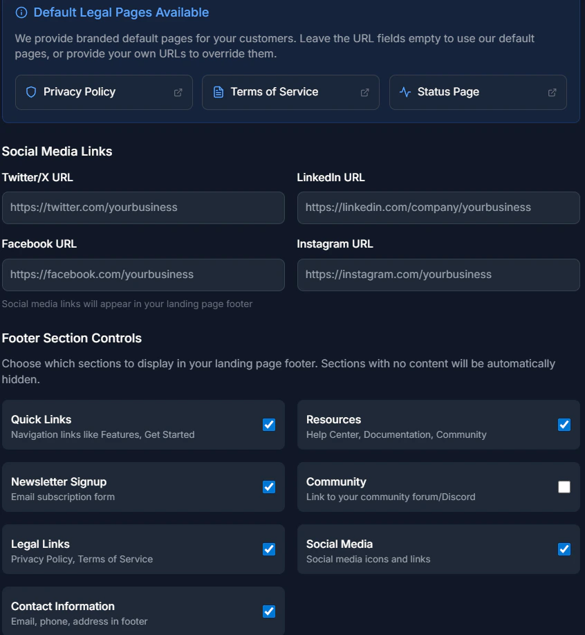 Landing Page Footer and Social Proof Settings